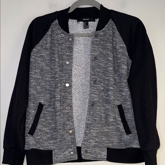 Black and Gray Varsity Jacket with Snap-Front Closure - Picture 1 of 8